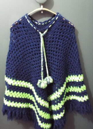 70's Crocheted Poncho | One Size | Navy, Green & White