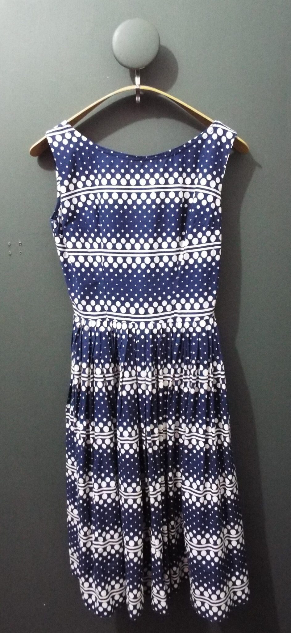 50s/60s Cotton Tea/Day Dress | 36" Chest | Blue & White Spot & Stripe Pattern