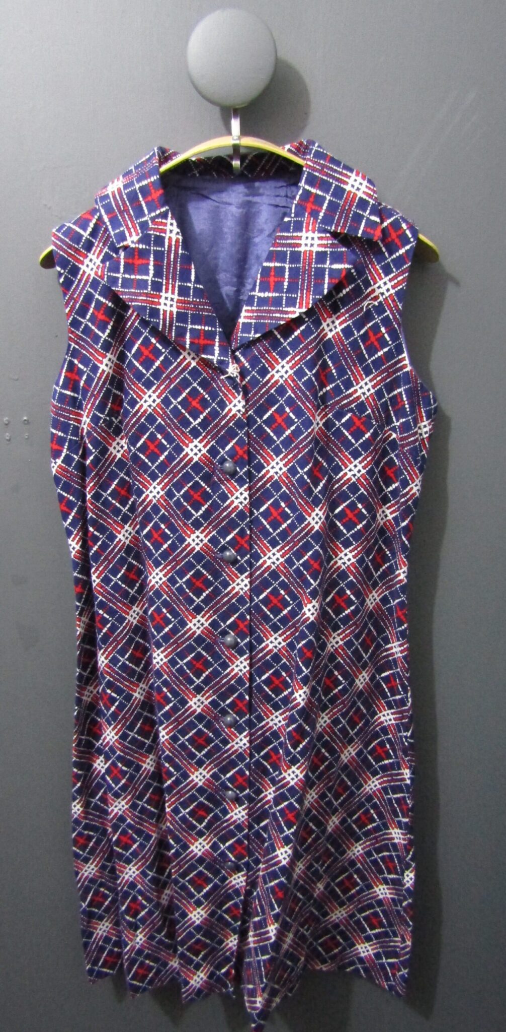 60's Button Up Dress | 42" Bust | Blue red & white check Pattern