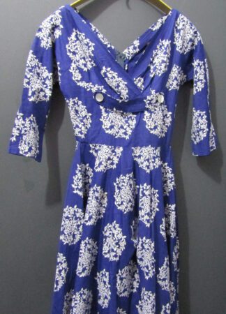 60s Cotton Day Dress | Waist 24" | Blue & White Floral Pattern | Handmade