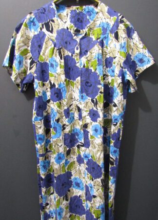 60's/70's Smock Dress | 48" Chest | White & Blue Floral Pattern | Handmade