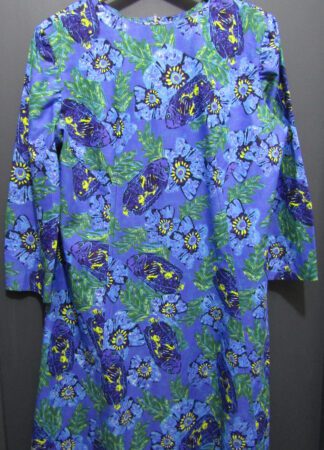 60's Cotton Day Dress | Chest 44" | Blue Floral & Fish Pattern | Handmade