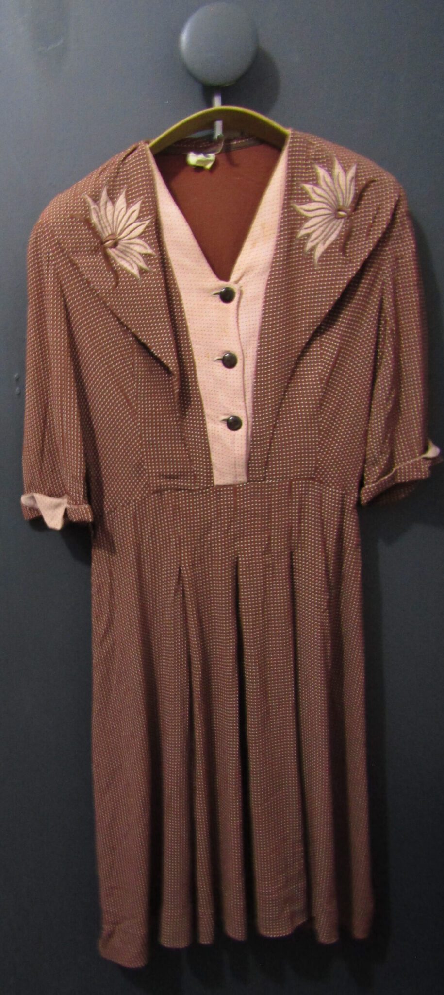 1940's Women's Utility Wear Dress | 44 | Brown & Beige Polka Dot