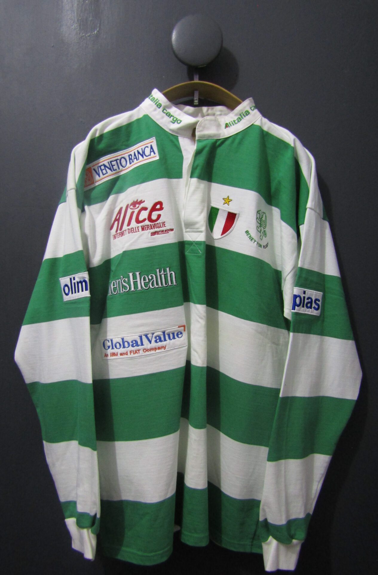90's Benetton Treviso Rugby Shirt | Large | Green & white stripe